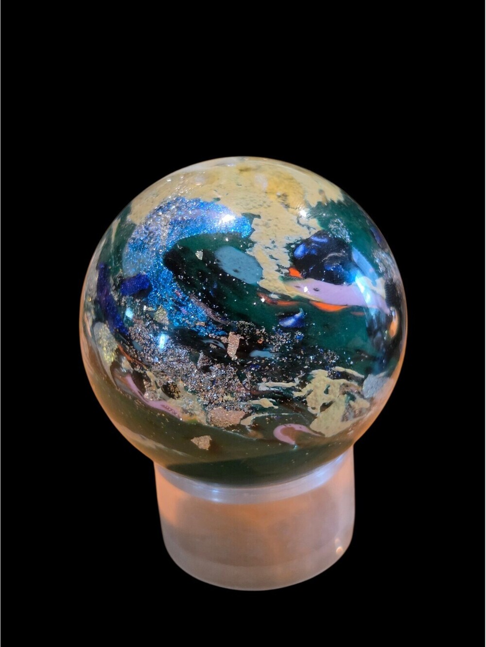 Vintage Signed Art Glass Paperweight 61mm Earth Tone Green Yellow Dichroic Orb